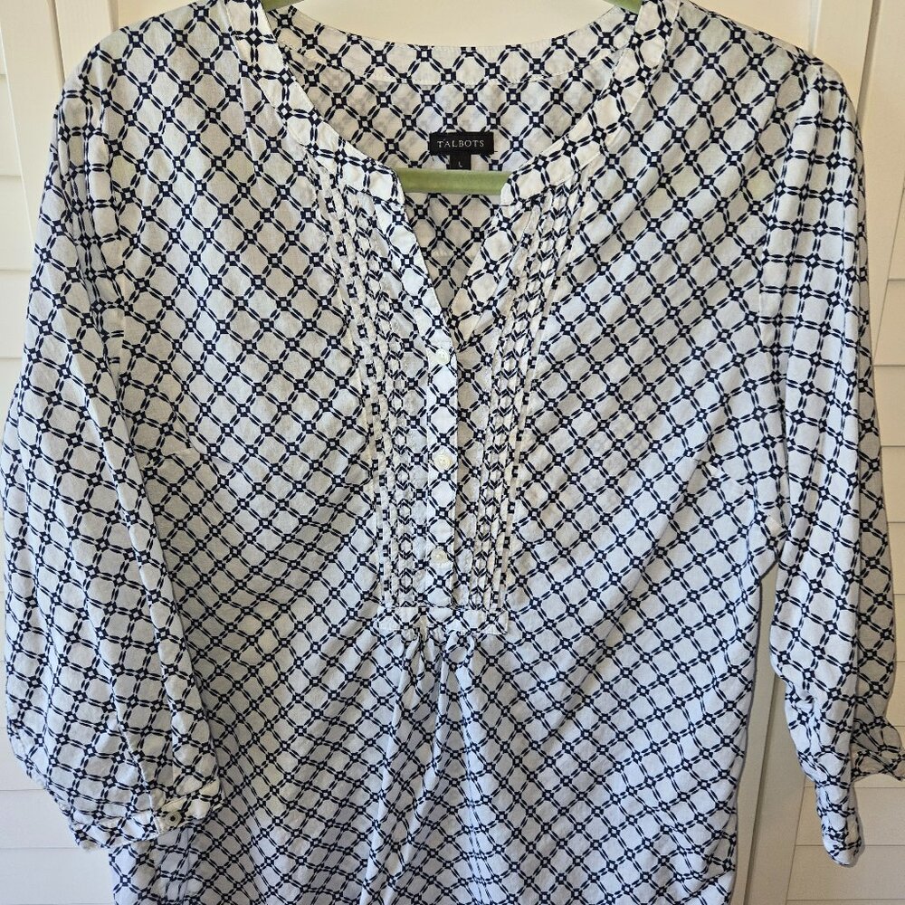 Talbots Blue and White 3/4 sleeve blouse